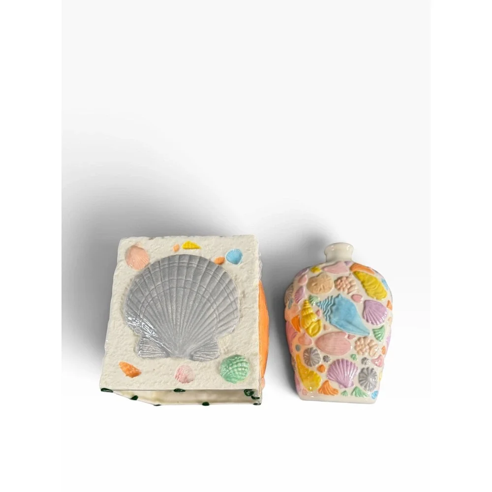 Tissue Box Cover Vase Ceramic Starfish Sea Shells Ocean Beach House Costal MCM